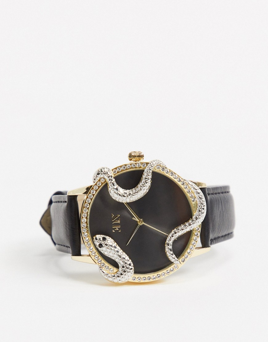ASOS EDITION watch with wraparound snake detail and Swarovski stone in black