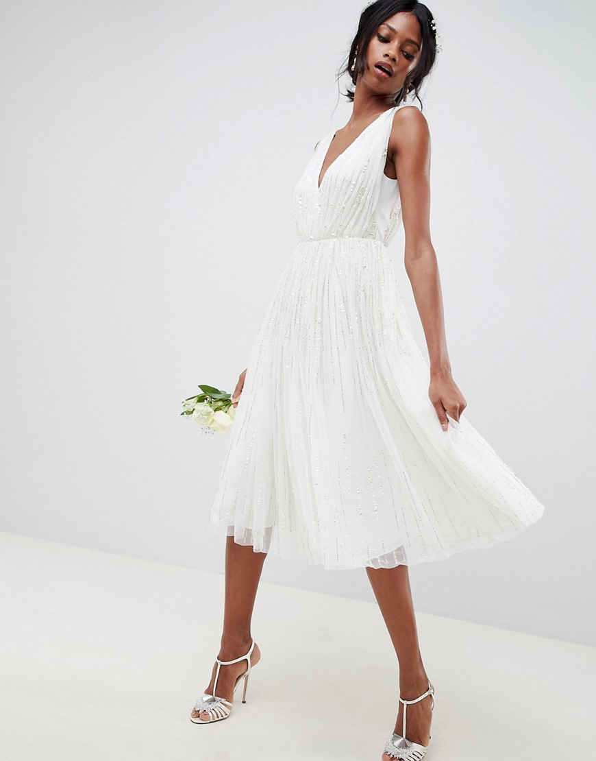 ASOS EDITION waterfall sequin midi wedding dress-White