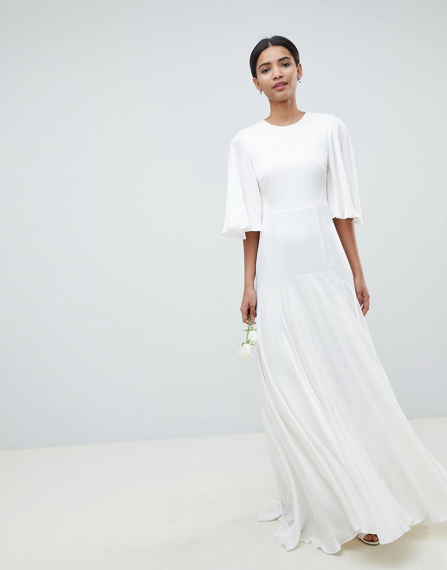 Asos Design Wedding Dress With Open Back And Flutter Sleeve-white
