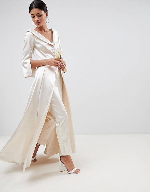ASOS EDITION wedding satin off the shoulder full length jacket and tapered pants