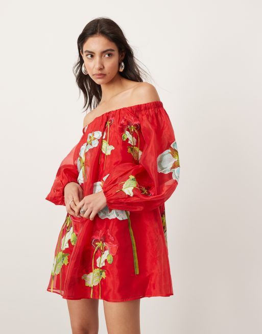 ASOS EDITION – Weites Minikleid aus Organza in Rot mit Blumenstickerei und Carmen-Ausschnitt