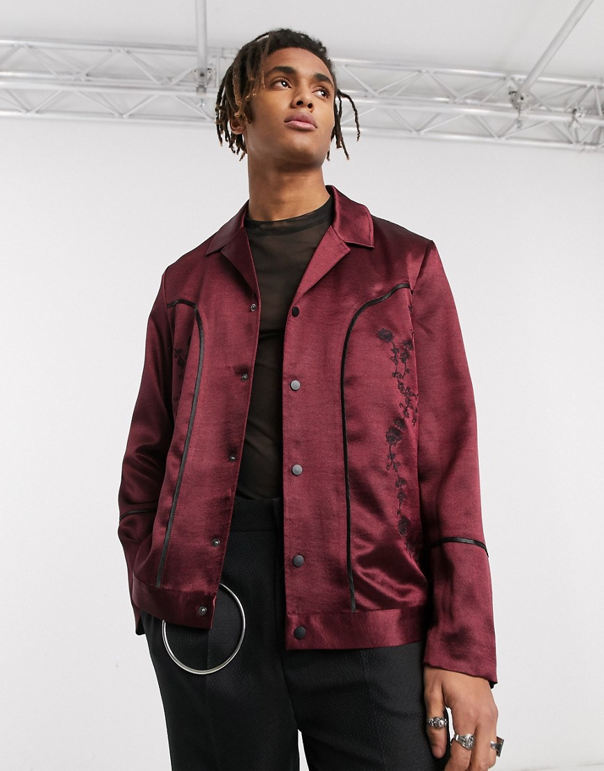 ASOS EDITION western revere harrington jacket in burgundy satin with embroidery-Red