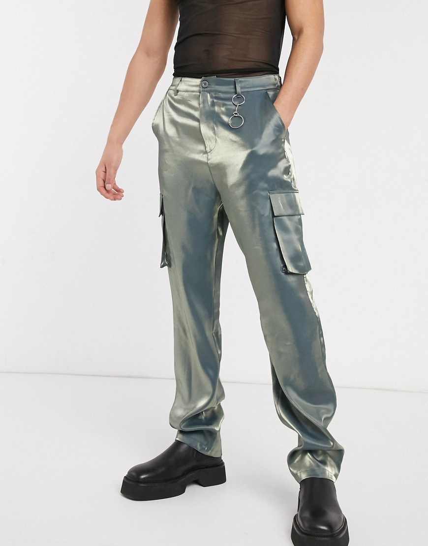 ASOS EDITION wide leg cargo trousers in iridescent fabric-Blue