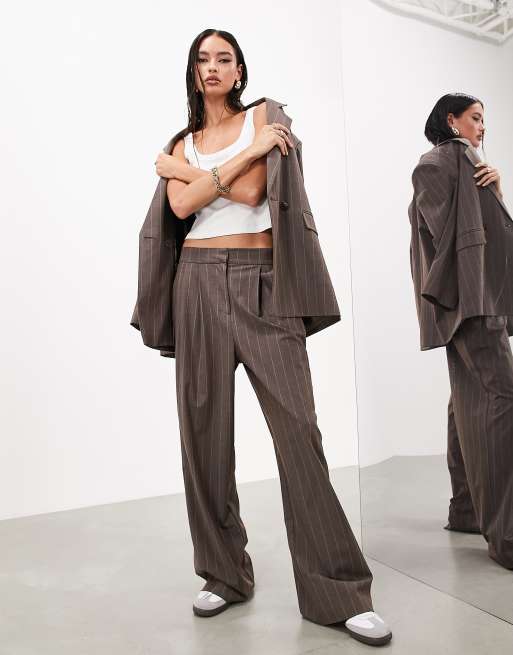 ASOS EDITION wide leg pants in brown pinstripe