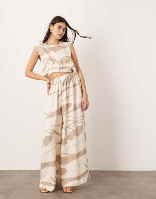 Asos Design Wide Leg Pants With Elastic Waist In Abstract Print - Part Of A Set-multi In Brown