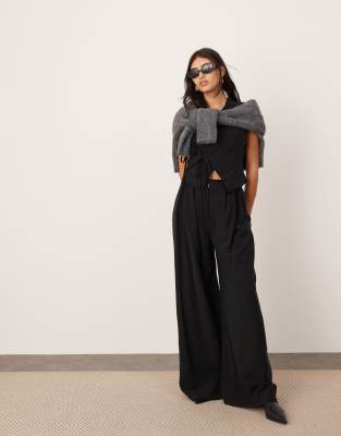 wide leg pants with minimal waistband in black - part of a set-Multi