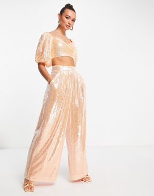 ASOS EDITION wide leg pants with pleat front in apricot sequin - part of a set
