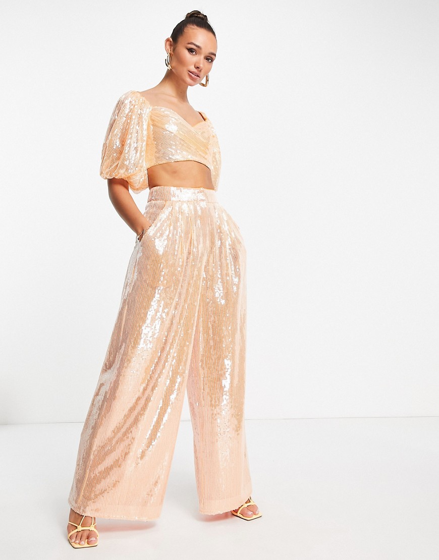 ASOS EDITION wide leg pants with pleat front in apricot sequin - part of a set-Orange