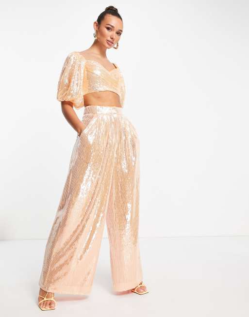 ASOS EDITION wide leg pants with pleat front in apricot sequin - part of a set