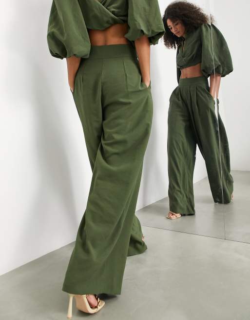 Olive Green Trouser Pants - High-Waisted Pants - Wide-Leg Trouser