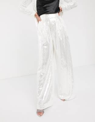 ASOS EDITION wide leg pleat front trouser in sequin-Silver