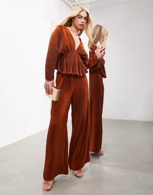 Asos Design Wide Leg Plisse Pleat Front Pants In Rust-black In Black