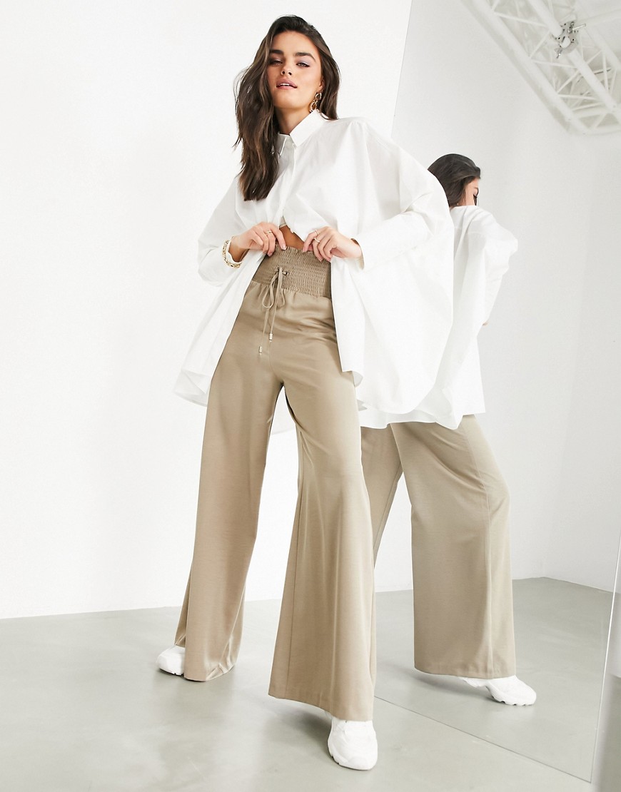 ASOS EDITION wide leg shirred waist pants in sand-Neutral