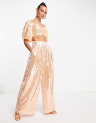 ASOS EDITION wide leg trouser with pleat front in apricot sequin co-ord - ASOS Price Checker