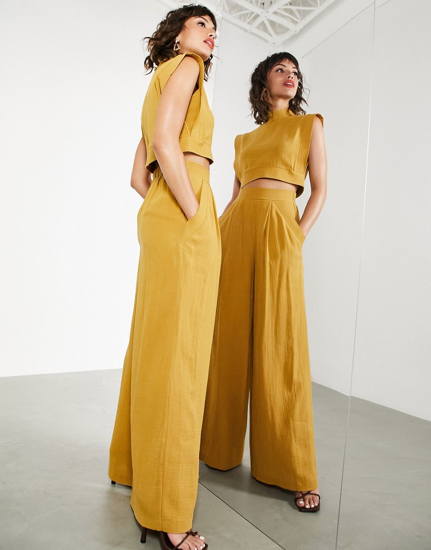 ASOS EDITION wide leg trouser with stitch detail in mustard-Yellow