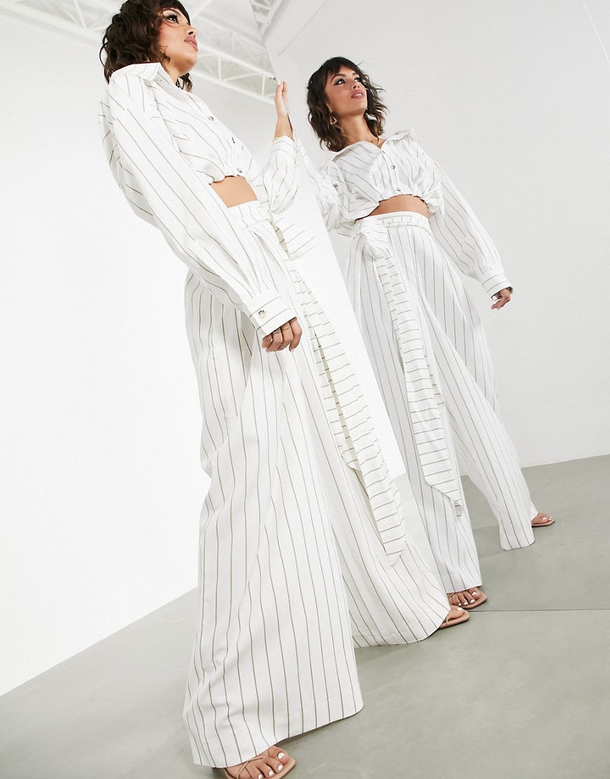 ASOS EDITION wide leg trouser with tie waist in stripe-White