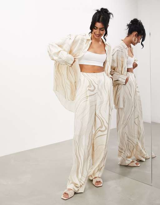 ASOS DESIGN wide leg side stripe trousers in cream