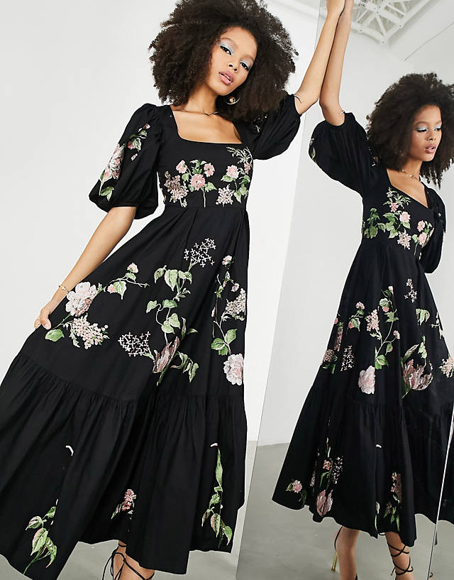 ASOS EDITION wild rose embroidered waisted puff sleeve midi dress in black