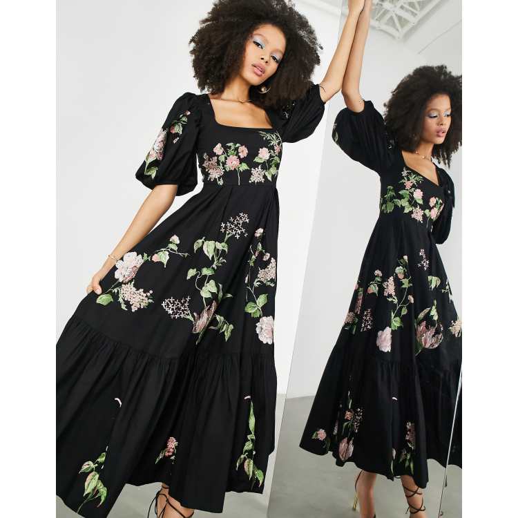 ASOS EDITION wild rose embroidered waisted puff sleeve midi dress in black