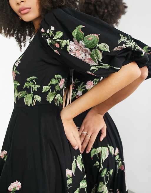 Black dress clearance with embroidered roses