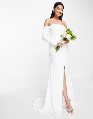 ASOS EDITION Willa satin off shoulder drape front wedding dress-White