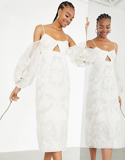 Designer Brands Willow embroidered twist front midi wedding dress with statement sleeve 