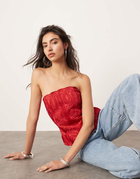 ASOS EDITION embroidered cornelli structured bandeau top in cherry red