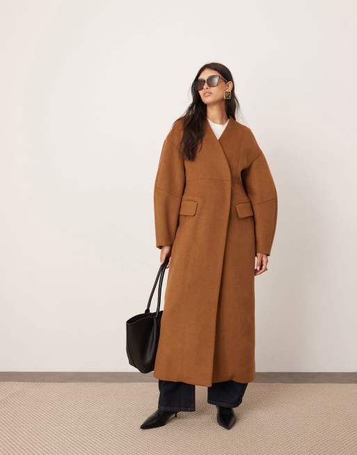 ASOS EDITION wool mix cinched waist ovoid sleeve midi coat in chestnut