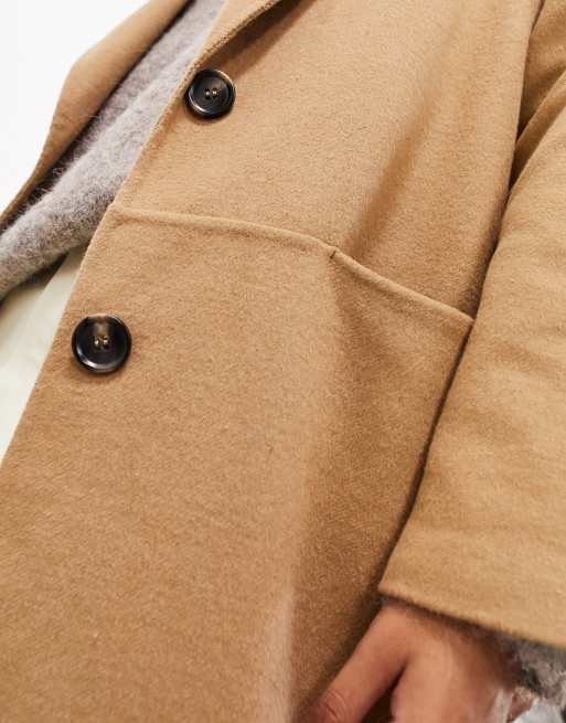 ASOS DESIGN fleece coat with contrast stitching in camel