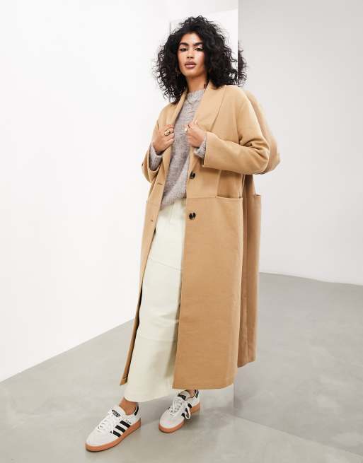 ASOS DESIGN fleece coat with contrast stitching in camel