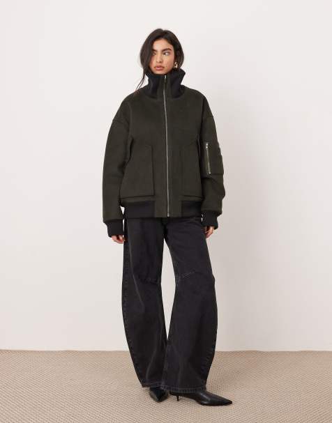 ASOS EDITION wool mix extreme collar bomber jacket in olive green - view 1