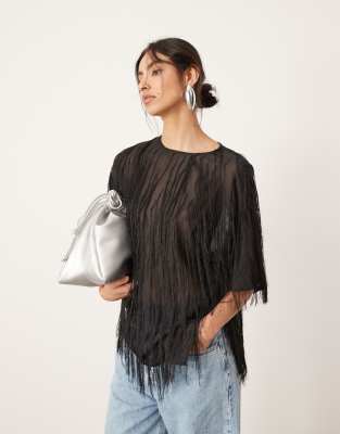 woven fringe detail boxy top in black-Multi