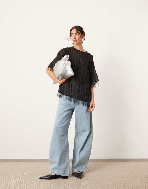 ASOS EDITION woven fringe detail boxy top in black | ASOS