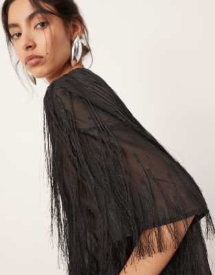 ASOS EDITION woven fringe detail boxy top in black | ASOS