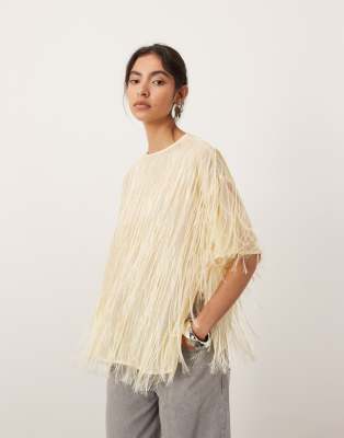 woven fringe detail boxy top in buttermilk-Neutral