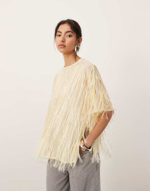 ASOS EDITION woven fringe detail boxy top in buttermilk