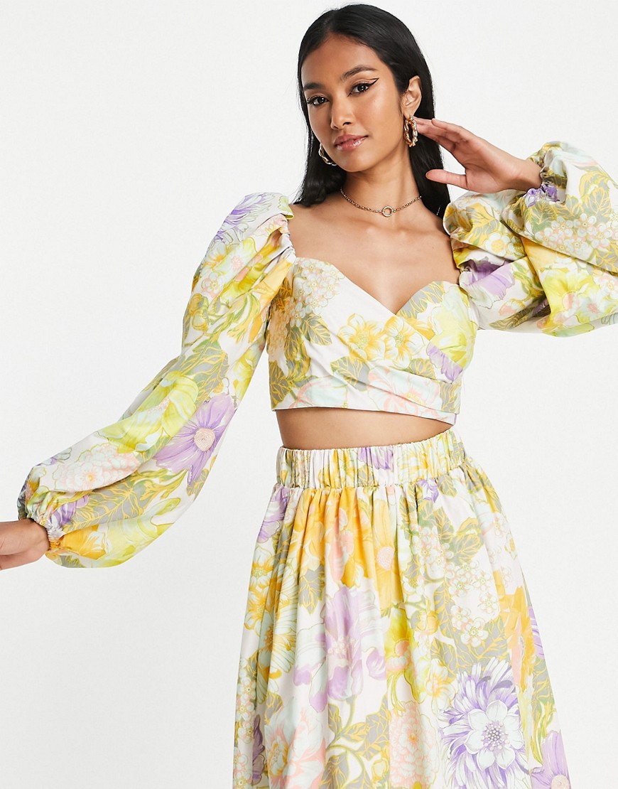 ASOS EDITION wrap bodice crop top with puff sleeve in pastel floral print-Multi