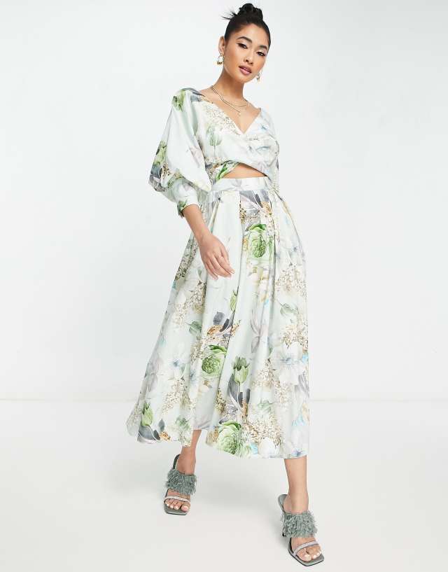 ASOS EDITION wrap bodice midi dress with full skirt in floral bloom print