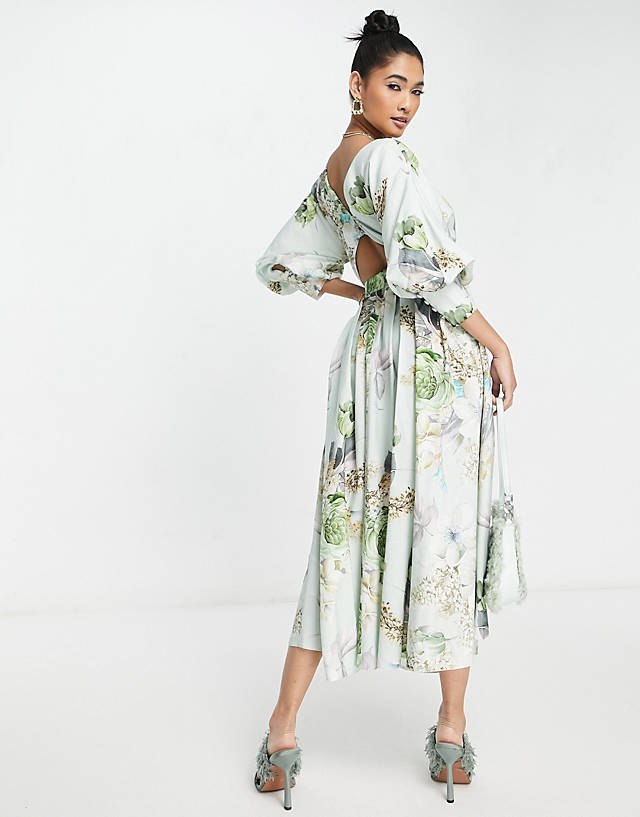 ASOS EDITION wrap bodice midi dress with full skirt in floral bloom print ZN10851