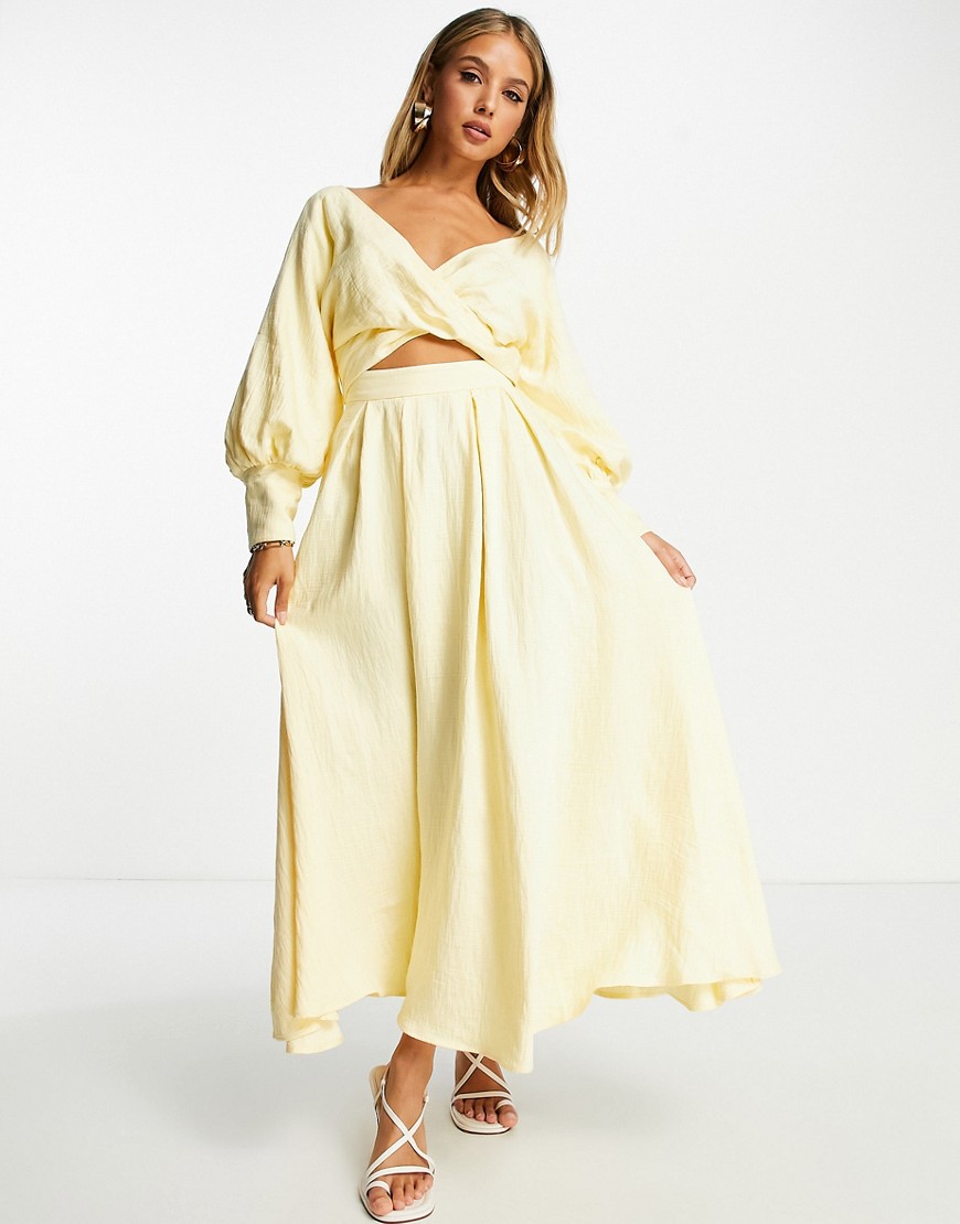 ASOS EDITION wrap bodice midi dress with full skirt in lemon-Yellow