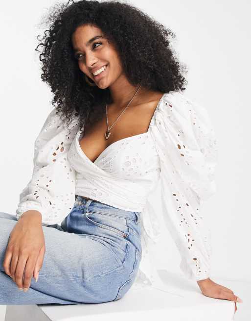 ASOS Premium Broderie Crop Top with Puff Sleeve