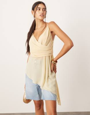 wrap front cami top with asymmetric hem in lemon-Yellow