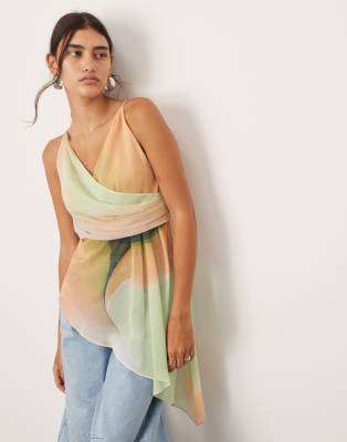 wrap front cami top with asymmetric hem in ombre print-Multi