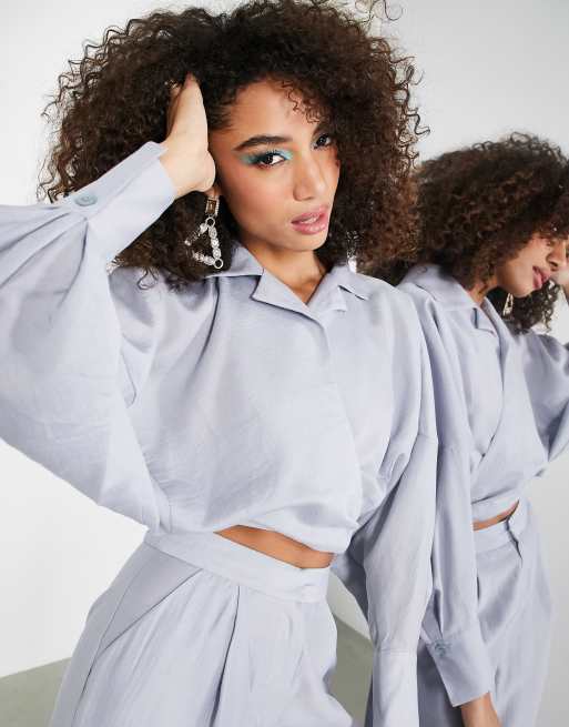 ASOS Edition wrap front drapey blouse with open back in moss gray
