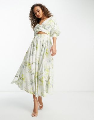 Asos Design Wrap Front Linen Midi Dress In Botanical Floral Print-multi