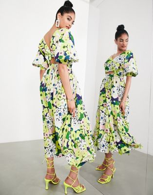ASOS EDITION wrap front linen midi dress with blouson sleeve in floral print