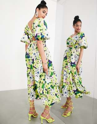 ASOS EDITION wrap front linen midi dress with blouson sleeve in floral print-Multi