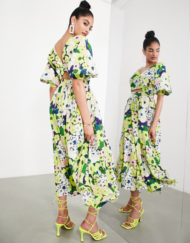 ASOS EDITION wrap front linen midi dress with blouson sleeve in floral print