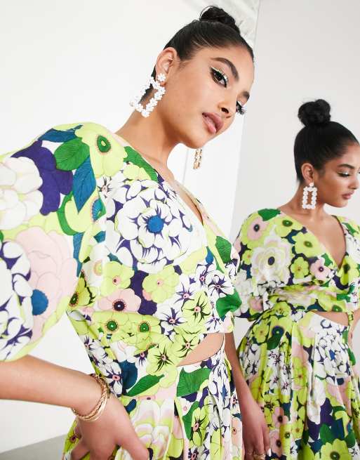 ASOS EDITION wrap front linen midi dress with blouson sleeve in floral print, 2 of 4