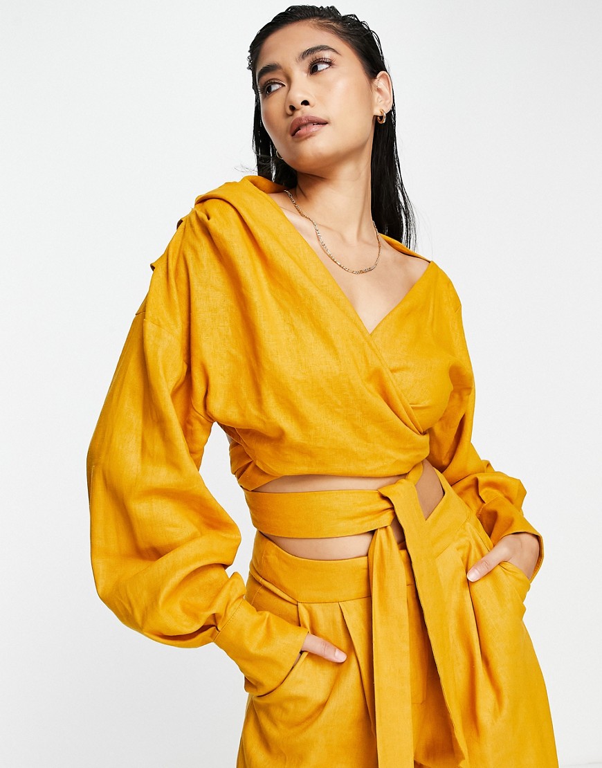 ASOS EDITION wrap front linen top in mustard-Yellow